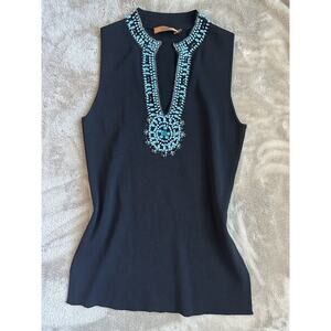 Belldini Turquoise Beaded Kimono Style Black Sleeveless Tunic Top Y2K Embellish